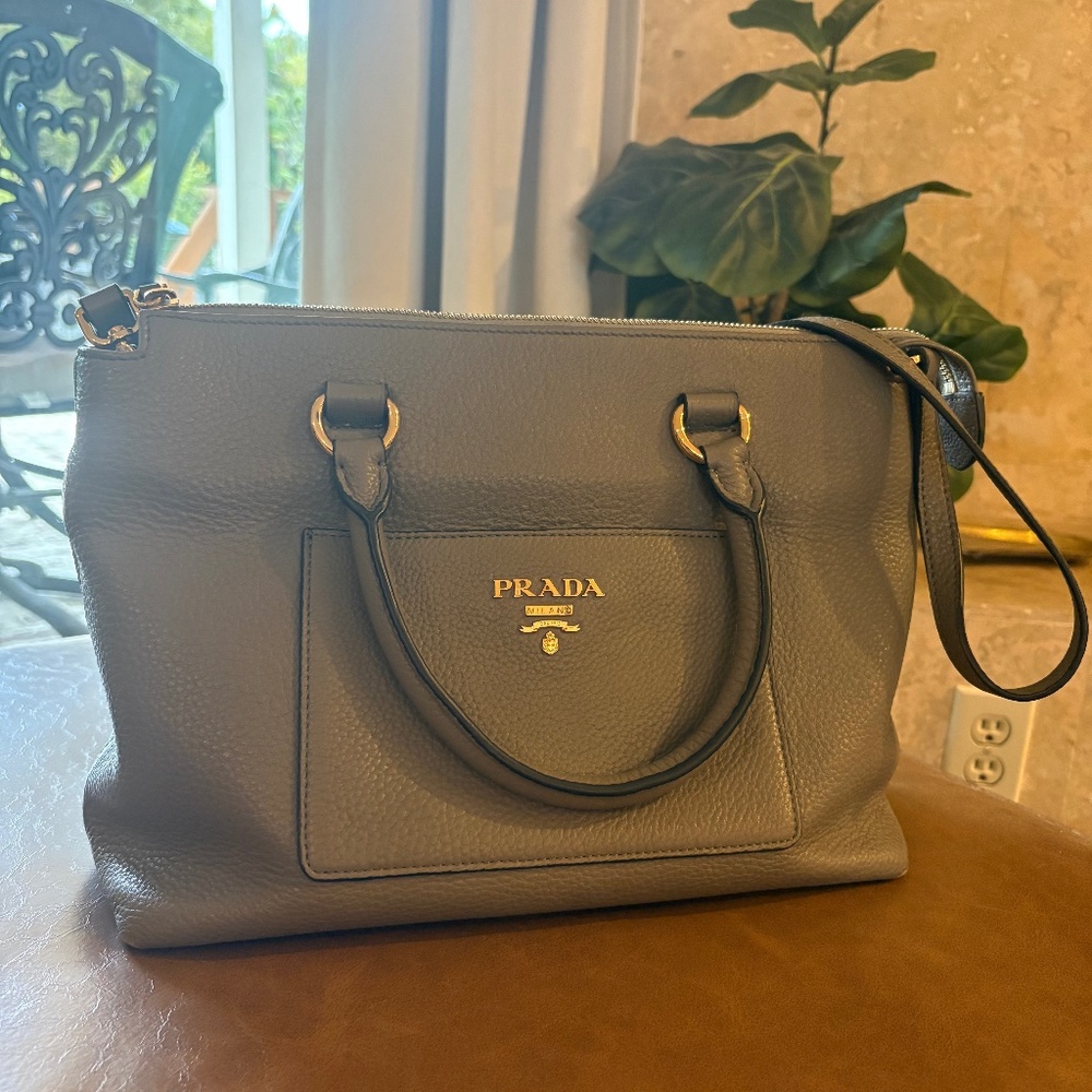 Prada Gray Leather 2 Way Tote Adjustable Shoulder Strap